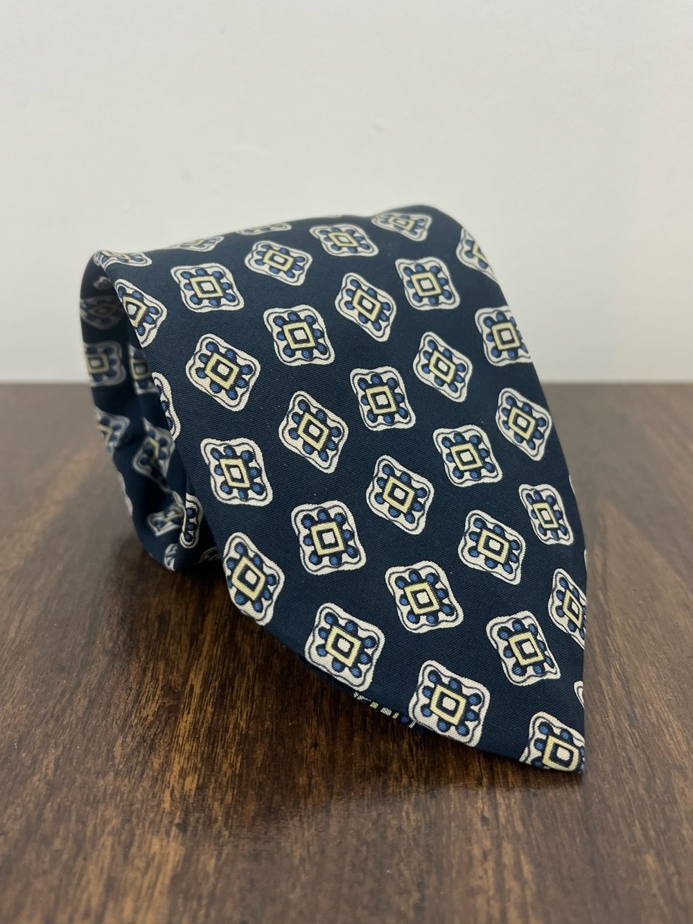 Vintage 1980-90s 100% Silk Men’s Necktie Blue Gold Geometric Retro Hipster Tie